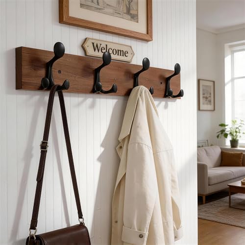 WEBI Coat Rack Wall Mount,24" Solid Wood Coat Hooks Wall Mounted Coat Hanger,16" Hole to Hole,Heavy Duty 4 Triple Hooks for Hanging Coats,Jacket,Hat,Backpack,Farmhouse,Reddish Brown - Image 2