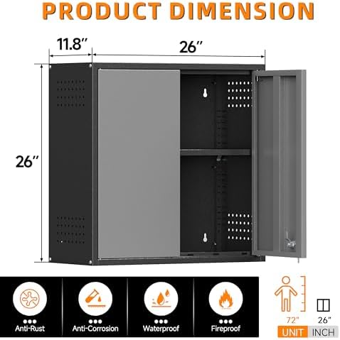 Garage Wall Cabinet with 2 Doors, Metal Wall Cabinet with Lock - Image 3