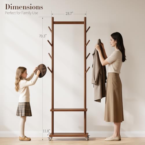 Yoobure Solid Wood Coat Rack Freestanding - Rolling Clothes Rack with 8 Hooks & Shelves, Small Clothing Rack with Wheels, Heavy Duty Clothing Racks for Hanging Clothes, Portable Hall Tree for Entryway - Image 2
