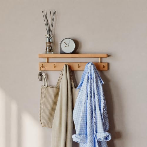 Solid Wood Wall Hooks with Shelf, Coat Rack Wall Mount, Entryway Hanging Shelf with 6 Brass Hooks for Hats, Clothes, Towels, Bags, Beech Wood, Natural by Wayshome