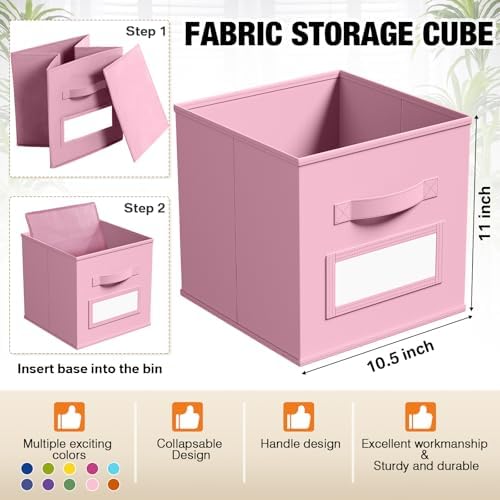 Teenyyou 10 Pack Fabric Storage Cubes 11 Inch Collapsible Cube Bins with Label Window & Handle Foldable Organizers Baskets for Shelf Closet Nursery Kids Room Clothes Book Toy(Candy) - Image 3