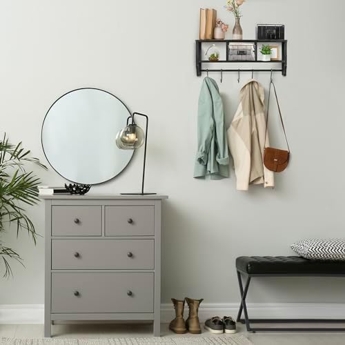 BizChair Wall Mounted Storage Rack - Blackwashed Solid Pine Wood - 24 Inch - Upper Shelf - 5 Hooks - Wire Baskets - For Entryway, Kitchen, Bathroom - Image 7