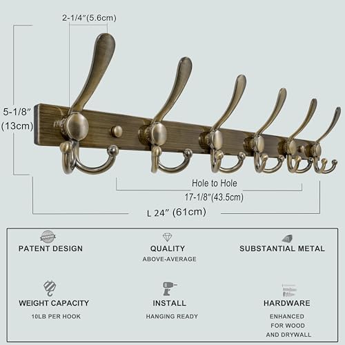 Dseap Coat Rack Wall Mount 24 Inch, Heavy Duty 12-Gauge Base vs Flimsy 1mm, Double-Thick Solid Anti-Snap Hooks, Stainless Steel 6-Hook Hanger Organizer for Clothes Hat Closet Entryway, Bronze - Image 3