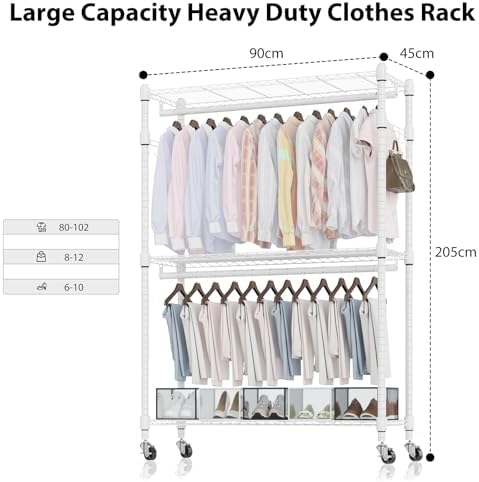 Homdox 3 Tier Heavy Duty Garment Rack with Wheels, Adjustable Wire Clothes Rack with Double Hanging Rods, Portable Closets for Hanging Clothes with Side Hooks, White - Image 6