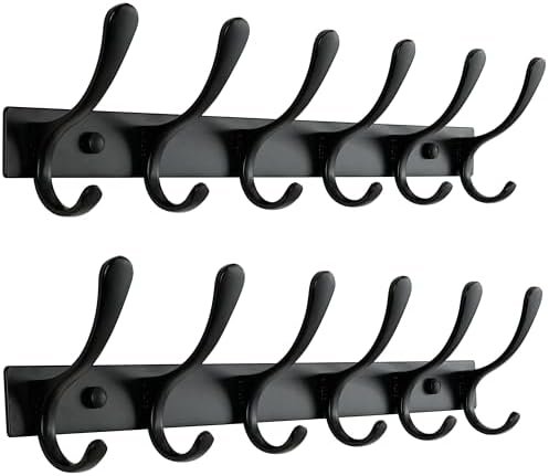 SKOLOO Heavy Duty Wall Mounted Coat Rack - 6 Hooks, Stainless Steel, Pack of 2, Sturdy Coat Hooks for Hanging Clothes, Jacket, Hat, Black by SKOLOO