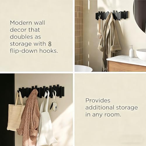 ELECANE Piano Key Wall Mount, Wooden Coat Rack with Flip-Down Magnetic Hooks, Splicable Design Key Holder & Hat Hanger for Entryway, Bedroom, Kitchen Wall Organization (Black, 8 Hooks) - Image 4