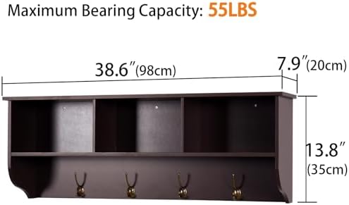 Elegant Espresso Wooden Wall-Mounted Coat Rack with Shelf - Entryway Organizer with 4 Dual Hooks - Modern Storage Display for Home Decor, Plants, Photos - MDF Construction - 39"x8"x14" - Image 3