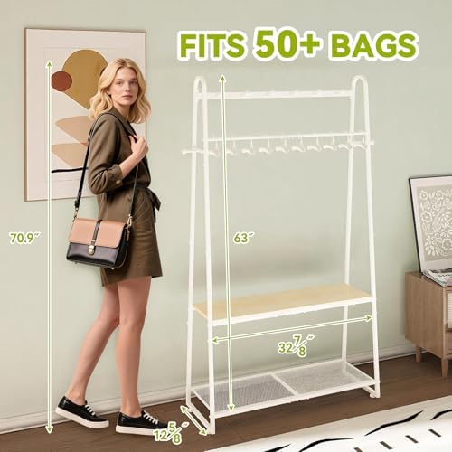 KAFAHOM Purse Rack, Purse Organizer for Closet - Tall Purse Shelf with 8 Hooks & 10 Removable Hangers to Hold Handbags, Backpacks, Pocketbooks., Perfect Purse Display Stand & Storage Tree,White - Image 2