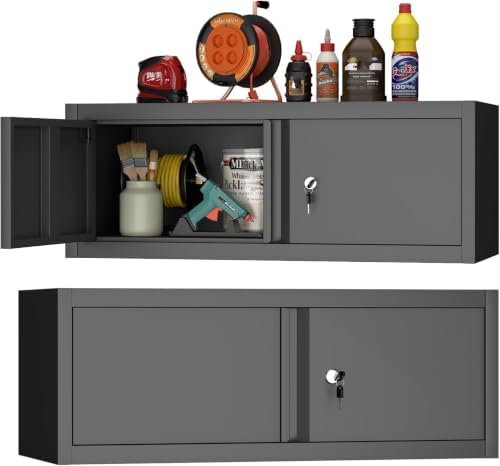 GREATMEET Metal Wall Cabinet with Lock and Doors (Black, 13" H) by GREATMEET