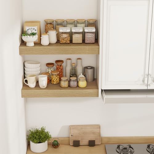 Acovy 24 Inch Floating Shelves, 12" Deep Floating Shelf Wall Mounted, 24" Wall Shelves, Rustic Deep Bookshelf, Extra Deeper & Thicker Display Shelves for Bedroom, Living Room, Oak, Set of 2 - Image 2