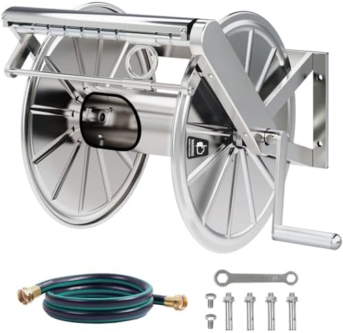 Stainless Steel Garden Hose Reel Heavy Duty, Wall Mount Water Hose Holder, 150 Feet of 5/8 Inch Hoses Capacity, Hose Reels with 5 ft Inlet Hose for Outside, Lawn, Yard, Garage by Unknown