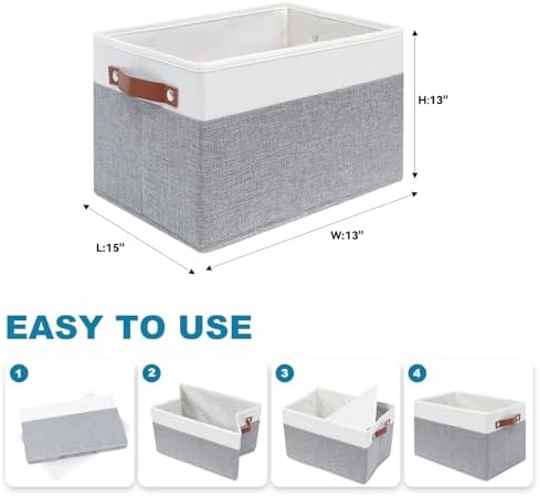 4 Pack Large Fabric Storage Baskets with Handles (White with Grey,15" L*13" W*13" H) - Image 2