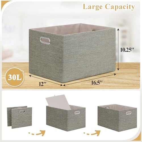 Posprica Closet Storage Bins, 4 Pack Large Closet Shelf Organizers, Linen Fabric Decorative Storage Baskets for Organizing, Foldable Storage Box for Clothes, 16.5x12x10.25 Inch-Coffee - Image 3