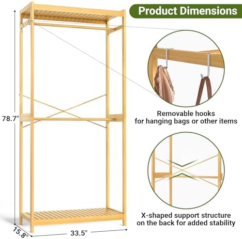Homykic Bamboo Clothing Rack with Shelves, 33.5” Wide Clothes Rack, 78.8” H - Image 5