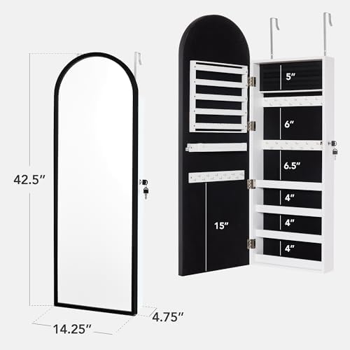 Best Choice Products Arch Mirror Jewelry Cabinet, Jewelry Storage Organizer, Armoire, Lockable Wall or Door Mountable, Full-Length Mirror - Black - Image 2
