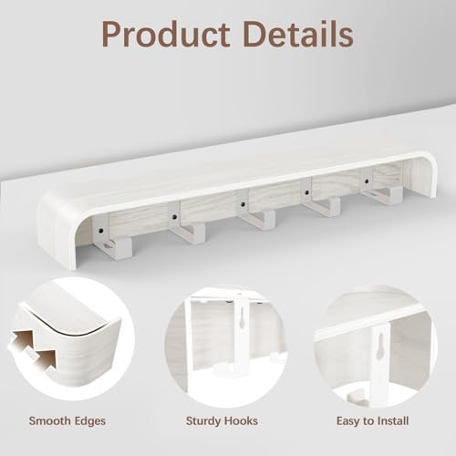 Coat Rack Wall Mount with Hidden Hooks, Wall Hooks with Shelf, Wall Key Holder Mount Wooden Shelf Entryway Hooks for Bedroom Bathroom for Hanging Coats Hats Bags Towels (White Wave-Shape, 5 Hooks) - Image 3