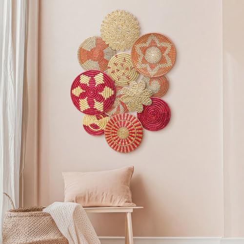 Tatuo 11 Pcs Boho Wall Basket Decor Woven Wall Hanging Art, Pink - Image 6