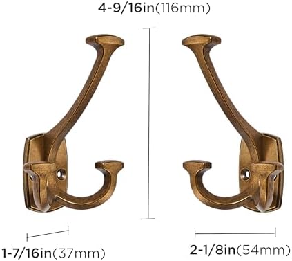 Large Wall Double-Sided Hook 10 Pack Antique Brass Hook Decorative Heavy Duty Solid Large Coat Hooks for Towel Hanging Coats Robe Triple Coat Hook Three Prong Hook - Image 2