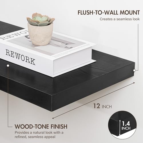 Acovy 12 Inch Floating Shelves, 12" Deep Floating Shelf Wall Mounted, 12" Wall Shelves, Rustic Deep Bookshelf, Extra Deeper Display Shelves & Storage Shelves for Bedroom, Living Room, Set of 3 - Image 3