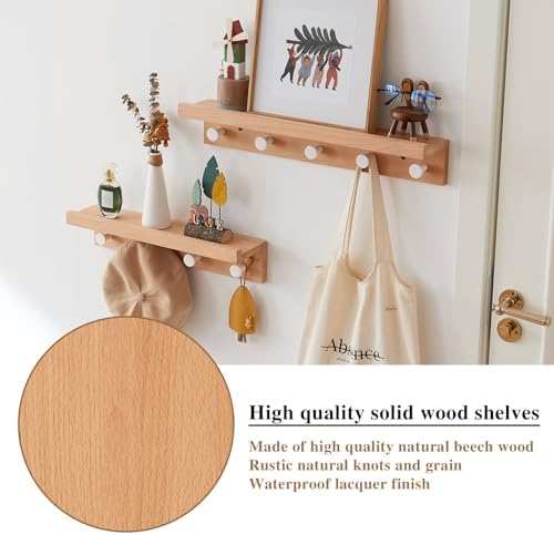 Wall Hooks with Shelf 19 inch, Beech Wood Entryway Wall with 4 Hooks, Floating Shelf Coat Rack for Bathroom, Living Room, Bedroom - Image 2