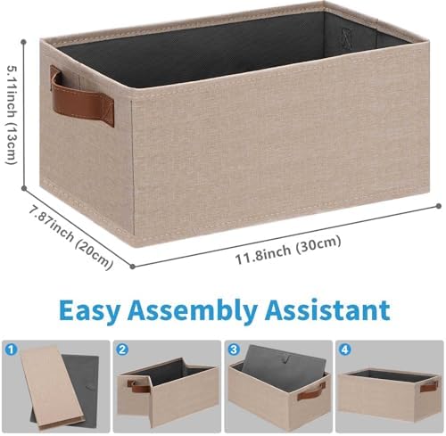 GhvyenntteS Small Fabric Storage Bins 12 Pack, 11.8" x 7.87" x 5.11" Storage Basket with Leather Handles, Closet Storage Bins for Shelves, Storage Baskets for Shelves, DVD Storage (Beige Yellow) - Image 2