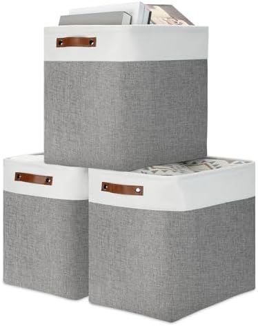 DULLEMELO Storage Baskets 17 inch Large Basket for Blanket Living Room, Foldable Storage Bins Baskets for Organizing [3 Pack] Blanket Storage Baskets Organizer for Home,Office,Closet(White&Grey) by DULLEMELO