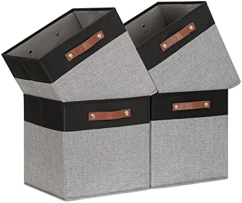 Temary 13 x 13 Storage Cubes Foldable Storage Cubes 4 Pack Canvas Storage Bin for Home, Square Storage Baskets with Leather Handles (Black&Grey) by TEMARY