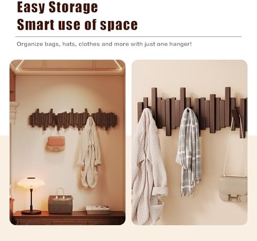 Coat Rack Wall Mount Piano Flip Down Wall Hook Rack 7 Hooks Walnut - Image 2