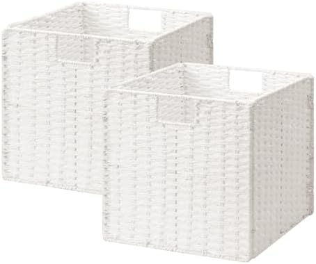 StorageWorks 13 inch Wicker Storage Baskets, White Wicker Baskets, Foldable by StorageWorks
