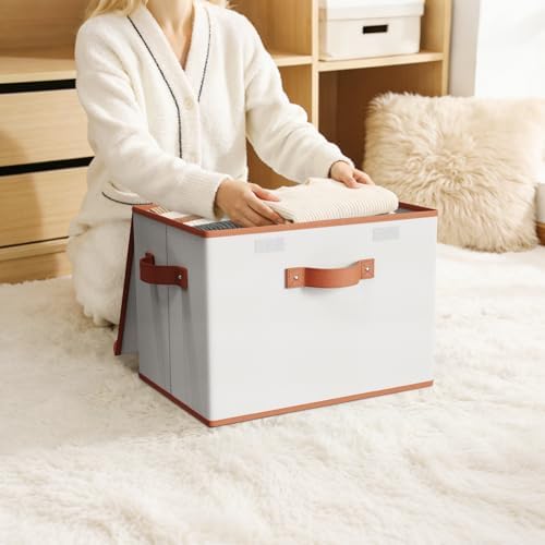 Univivi Fabric Storage Bins with Lid, Stackable Storage Box, Beige, 3 PCS - Image 3