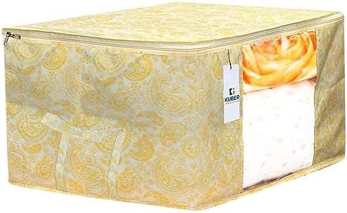 Kuber Industries Foldable Underbed Storage Bag|Organizer For Clothes Large|Non-Woven Comforter, Blanket Cover|Metalic Print & Side Handle|Pack of 12 (Yellow & Cream) - Image 3