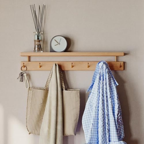 Solid Wood Wall Hooks with Shelf, Coat Rack Wall Mount, Entryway Hanging Shelf with 7 Brass Hooks for Hats, Clothes, Towels, Bags, Beech Wood, Natural by Wayshome