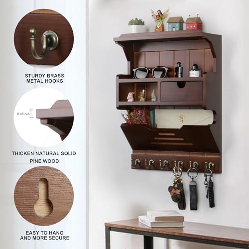 Key Holder for Wall, Elegant Wall-Mounted Mail Organizer with Storage Drawers, Walnut - Image 6
