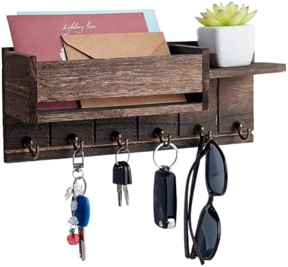 AHANDMAKER Mail and Key Holder for Wall Decorative, Wooden Wall Mount Key Rack Hanger Organizer with 6 Key Hooks Home Decor Rack for EntryWay Hallway Mudroom Organizer Kitchen Office by AHANDMAKER