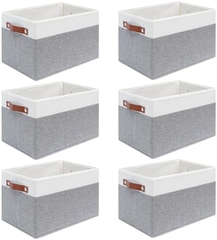 6 Pack Large Fabric Storage Baskets with Handles (White with Grey,15" L*13" W*13" H) by Unknown