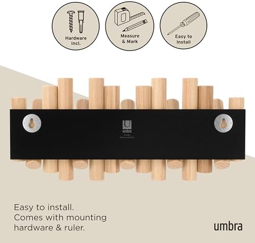 Umbra Picket Coat Rack, Wall Mount 5 Flip-Down Coat Hooks, Natural - Image 6