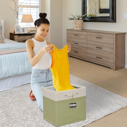 15x13x13 inch cube storage bin,Collapsible Fabric Storage Cubes with Labels 4 Pack,Linen Cube Storage Organizer Bins with Cotton Handles for Home,Nursery,Clothes,Shelves and Closet(White green). - Image 6