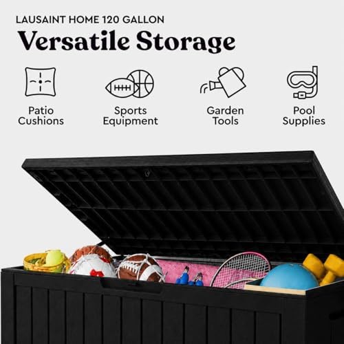 LAUSAINT HOME 120 Gallon Resin Deck Box, Package Delivery Box with Lockable Lid, Waterproof Outdoor Storage Box For Garden Tools, Patio Cushions(120 Gallon,Black) - Image 4