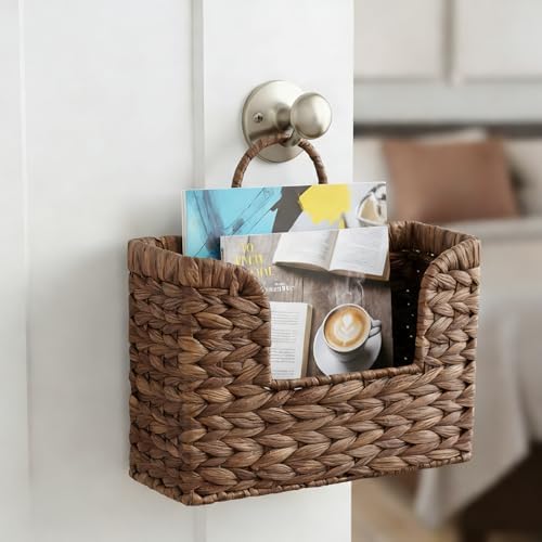 Set of 2 Magazine Holder Wall Basket Water Hyacinth Woven Mail Organizer, Wicker Wall Hanging Baskets for Magazines, Letters & Storage Decorative Mail Holder, Magazine Rack, Hanging Basket, Coffee - Image 4