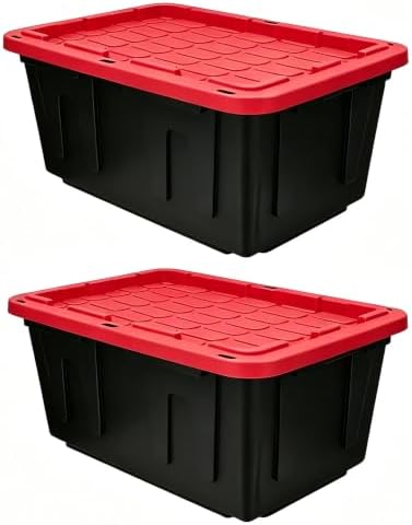 27 Gallon Heavy Duty Plastic Storage Bins with Lids, Black & Red (2) by Unknown