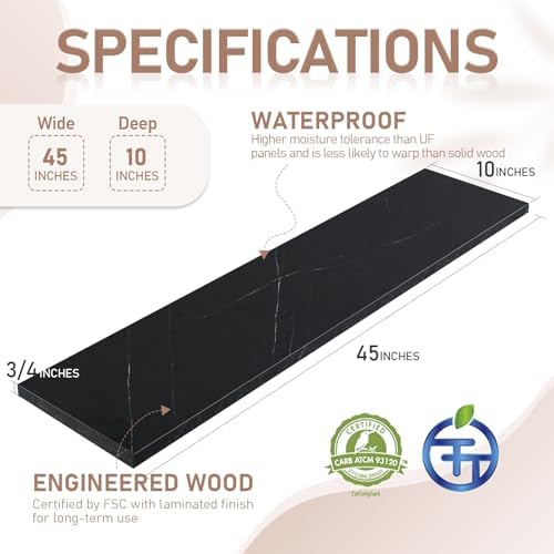 Kaboon 45 inch Long 10 inch Deep Floating Shelves for Wall Set of 2, Large Open Shelves Wall Mounted, Space Saving Home and Commercial Use, Cloud Atlas/Black Marble - Image 3