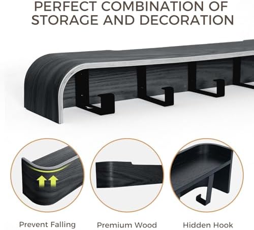 Coat Rack Wall Mount with Shelf Entryway Shelf Modern Key Holder Hanger Wall Shelves with Hidden Hooks for Hanging Towels Coats Hats Bags for Hallway Bathroom Bedroom (Black, 5 Hooks) - Image 5