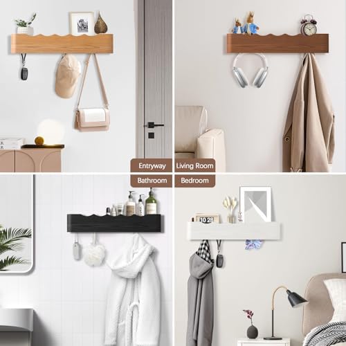 Coat Rack Wall Mount with Hidden Hooks, Wall Hooks with Shelf, Wall Key Holder Mount Wooden Shelf Entryway Hooks for Bedroom Bathroom for Hanging Coats Hats Bags Towels (Walnut Wave-Shape, 8 Hooks) - Image 4