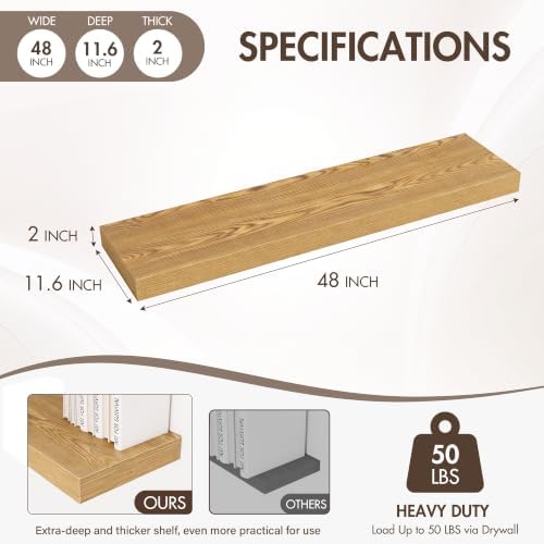 Acovy 48 Inch Floating Shelves, 12" Deep Floating Shelf Wall Mounted, 48" Wall Shelves, Rustic Deep Bookshelf, Extra Deeper & Thicker Display Shelves for Bedroom, Living Room, Set of 1 - Image 4