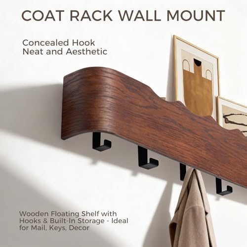 Coat Rack Wall Mount with Shelf Entryway Shelf Modern Key Holder Hanger Wall Shelves with Hidden Hooks for Hanging Towels Coats Hats Bags for Hallway Bathroom Bedroom(Wavy Walnut Color, 8 Hooks) - Image 4