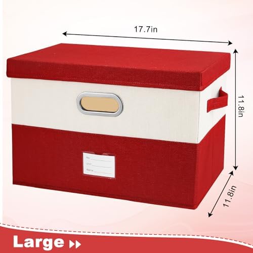 Large Linen Fabric Foldable Storage Bins with Removable Lid and Handles, Washable Storage Box Organizer Containers Baskets Cube with Cover for Bedroom,Office(Red&Cream, Large(2-Pack)) - Image 6
