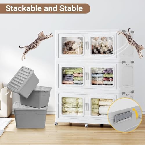 BROVIEW 385Gal Storage Bins, 1540Qt Extra Large Stackable Storage Box with Lids & Wheels - Heavy Duty Collapsible Plastic Cabinets, Open Front Door for Sundries in Home & Office, White 7 Pack - Image 6