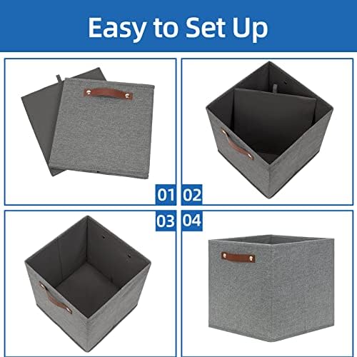 Temary 12x12 Storage Cube Bins 4 Pack Fabric Storage Cubes Storage Bins with Leather Handles, Storage Baskets Foldable Cube Organizers Bins for Home (Grey) - Image 7