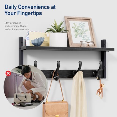 Tatub 20" Rustic Coat Rack Wall Mount with Shelf, Wall Hooks with Shelf, Heavy Duty Entryway Organizer Hangers for Hanging, Hat, Bag, Jacket for Bathroom, Living Room, Bedroom, Black - Image 4
