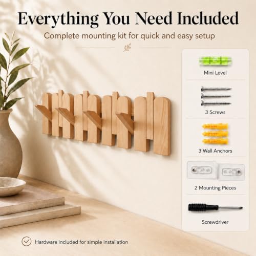 Piano Coat Rack, Solid Beech Wall Hooks, Walnut Finish, 8 Hooks - Image 5